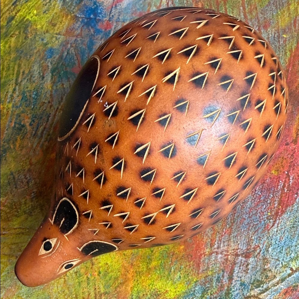 Handcrafted Brown Hedgehog Figurine Peruvian Fork Art Hand Carved 6"